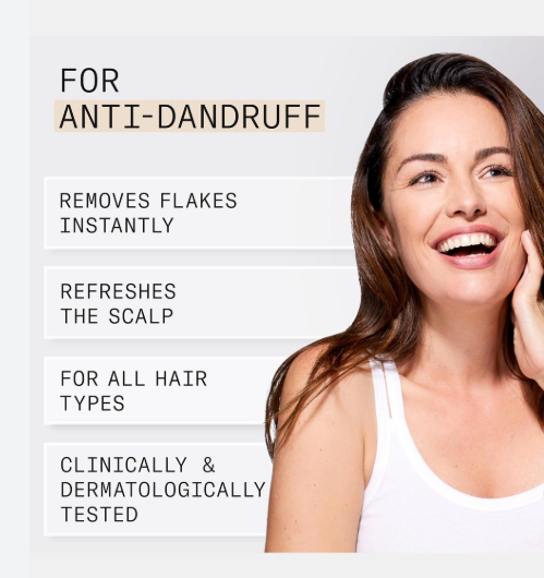 Woman with a happy expression next to text about anti-dandruff product benefits on a white background