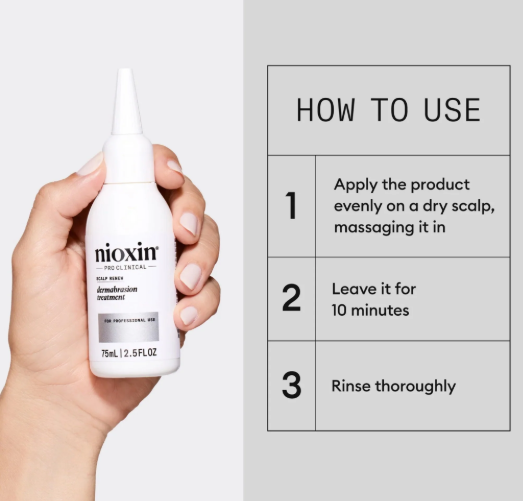 Nioxin hair treatment bottle held by a hand with usage instructions on a gray background