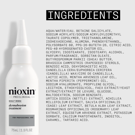 Nioxin scalp treatment bottle with a list of ingredients on a white background