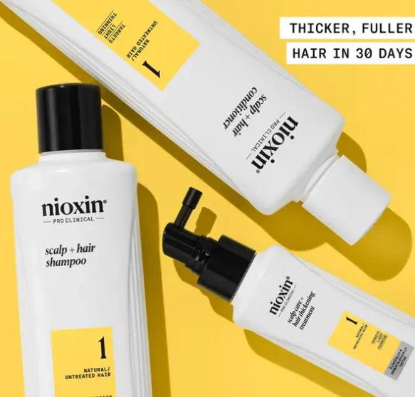 Nioxin hair care products on a yellow background with text about hair growth.