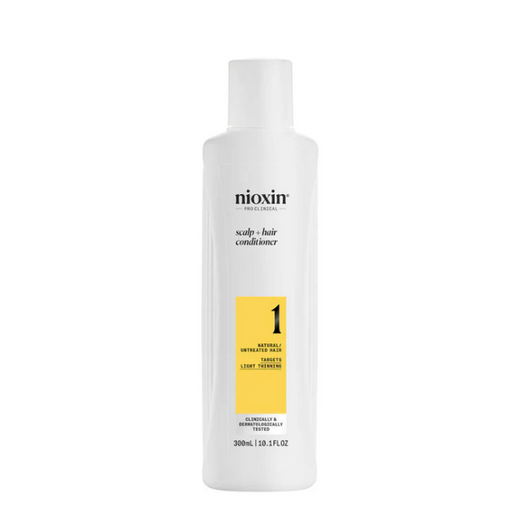 Nioxin Scalp + Hair Conditioner, containing 300ml of product, primarily in a white bottle with yellow and black label.