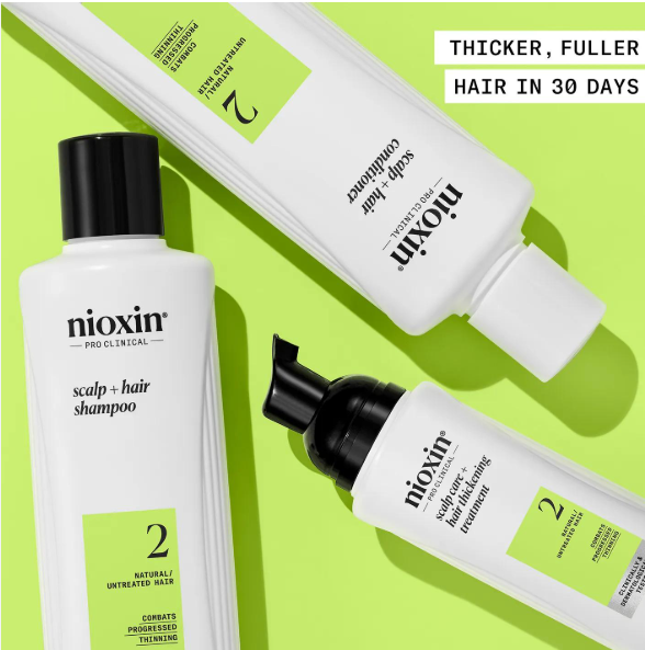 Nioxin hair care products on a green background with text about hair thickness and fullness.