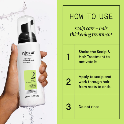 Nioxin scalp care and hair thickening treatment with usage instructions on a green background