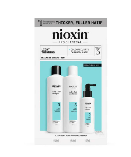 Packaging for Nioxin Pro Clinical System 3, which includes a shampoo and conditioner for lightly thinning colored hair.