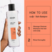 Nioxin shampoo bottle held by a hand with usage instructions on an orange background