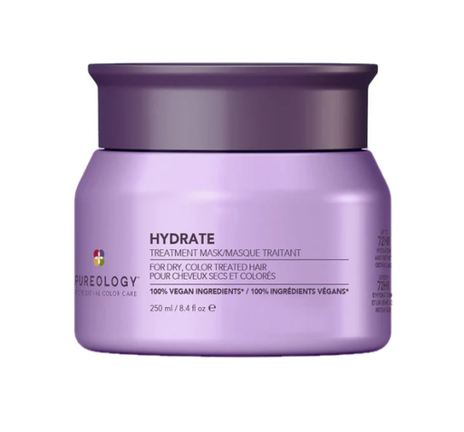 Purple hair mask jar with 'Pureology' branding on a white background