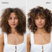 Before and after comparison of a woman with curly hair, wearing a white top.