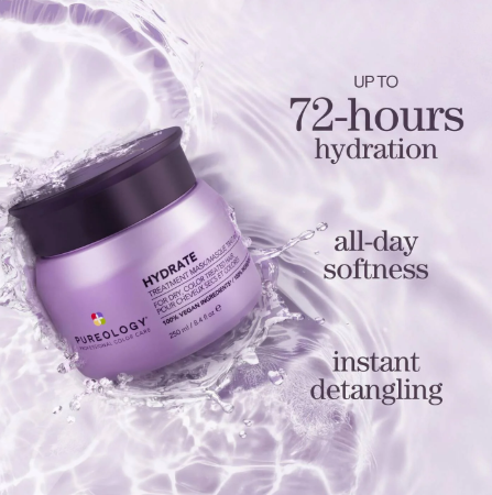 Purple hair treatment jar with water droplets and text about hydration and softness on a light background