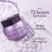 Purple hair treatment jar with water droplets and text about hydration and softness on a light background