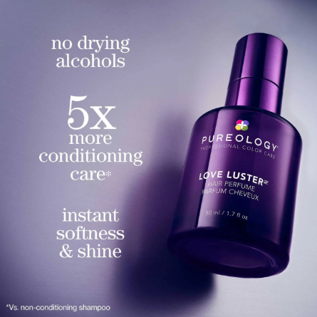 A bottle of Pureology Love Luster Hair Perfume in a deep purple bottle with white text, set against a matching purple gradient background with promotional text on the left.