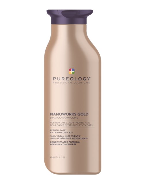 A bottle of Pureology Nanoworks Gold Shampoo with a capacity of 266ml, designed for color-treated hair.