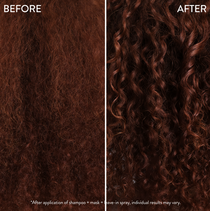 Before and after hair care comparison showing dark brown textured hair on the left and defined curly hair on the right, with text labels BEFORE, AFTER, and a small disclaimer at the bottom.