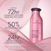 A pink bottle of Pureology Smooth Gloss Hair Conditioner with a black cap, set against a pink background with promotional text highlighting humidity-defying frizz protection, 50% gloss shine, and smoothness and curl definition.