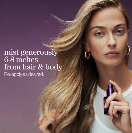 A woman with long blonde hair holds a small purple spray bottle against a solid purple background, with text reading 'mist generously 6-8 inches from hair & body Re-apply as desired.'.