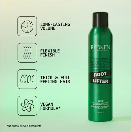 Redken Root Lifter bottle with product features on a green gradient background