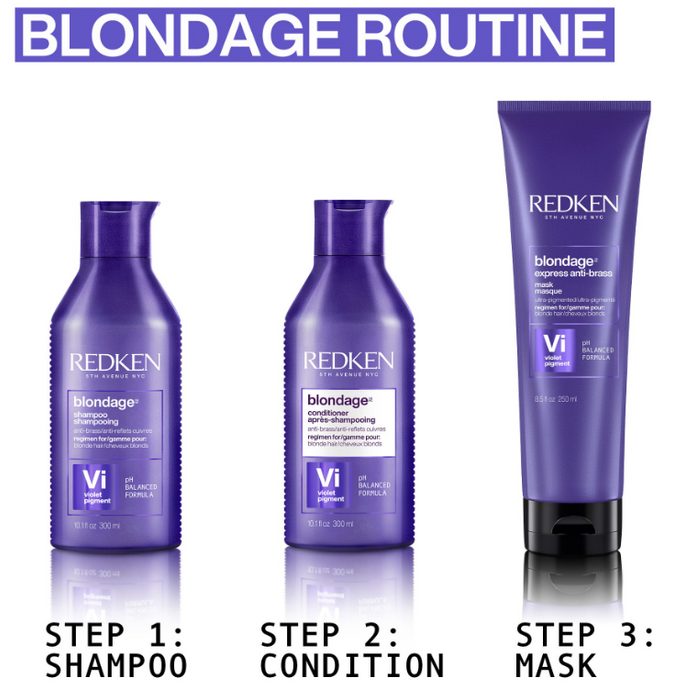 Redken Blondage hair care products with shampoo, conditioner, and mask on a white background