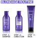 Redken Blondage hair care products with shampoo, conditioner, and mask on a white background