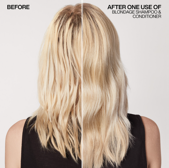 Before and after comparison of blonde hair using Blondage shampoo and conditioner.
