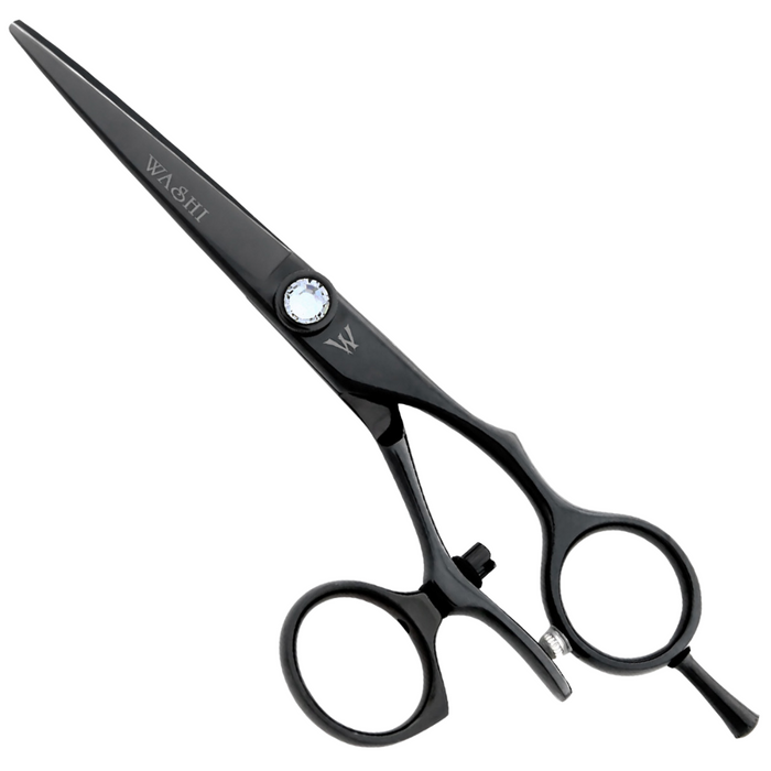 A pair of black satin swivel hairdressing scissors with a length of 5.5 inches, featuring a branded handle and sharp pointed tips.