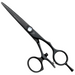 A pair of black satin swivel hairdressing scissors with a length of 5.5 inches, featuring a branded handle and sharp pointed tips.