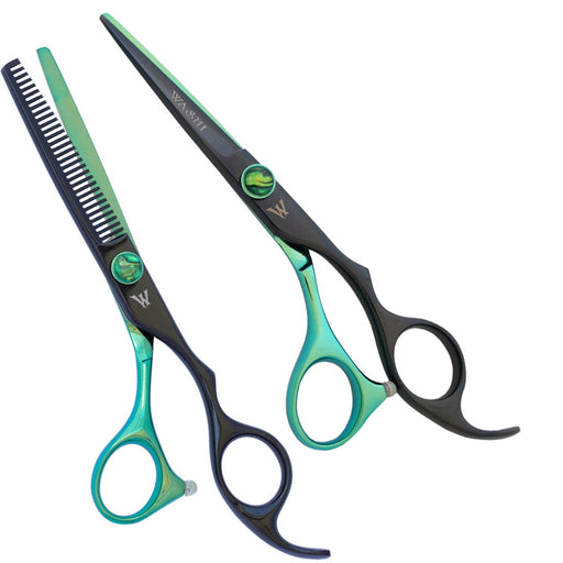 A set of professional hair cutting shears with blue and black handles, accompanied by a texture razor and a carrying case.