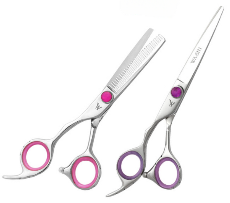 A set of stainless steel hair clippers with purple accents on the handles, accompanied by a texture razor, a steel comb, and a carrying case.