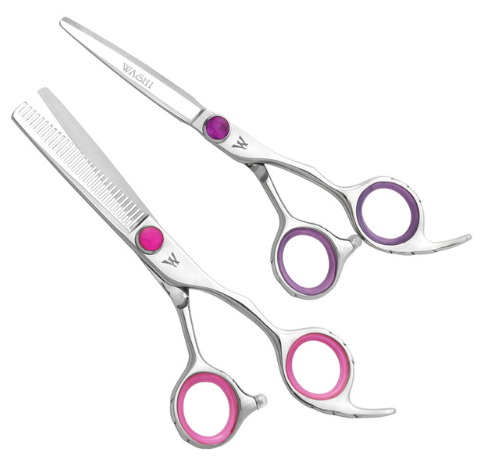 A set of Washi brand hair shears with pink and silver colors, including a texturing razor and a carry case, displayed against a white background with the text 'FREE WITH PURCHASE'.
