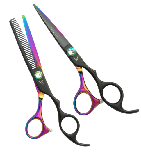 A set of professional hair shears with an offset ergonomic handle, semi-convex edges, and a multi-colored metallic finish. Includes a texture razor and a carrying case.