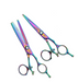 A set of colorful Washi brand hair shears with a swivel design, including a cutting shear, a thinner, and a purple razor, presented with a carrying case.