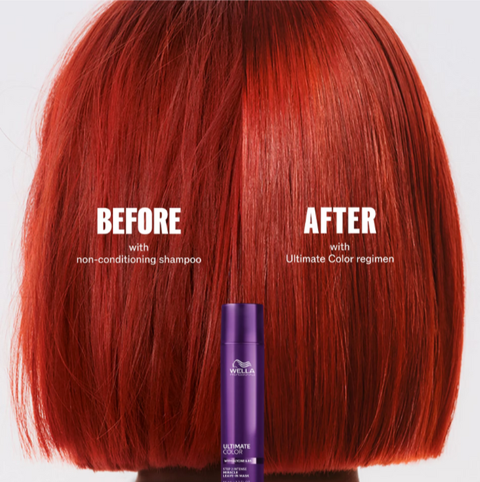 Before-and-after hair color demonstration showing a shoulder-length red hair cut, with the left side labeled 'BEFORE' and the right side labeled 'AFTER'. A purple Wella Ultimate Color regimen bottle is shown at the bottom center against a light gray background.