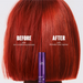 Before-and-after hair color demonstration showing a shoulder-length red hair cut, with the left side labeled 'BEFORE' and the right side labeled 'AFTER'. A purple Wella Ultimate Color regimen bottle is shown at the bottom center against a light gray background.