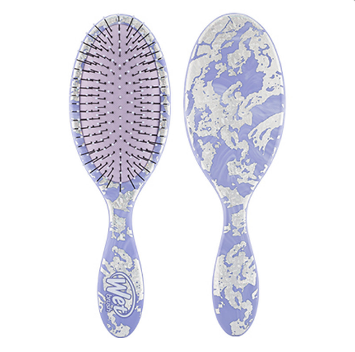 Two views of a hairbrush with a lavender and white marbled pattern, showing both the bristle side and the handle side, on a plain white background.