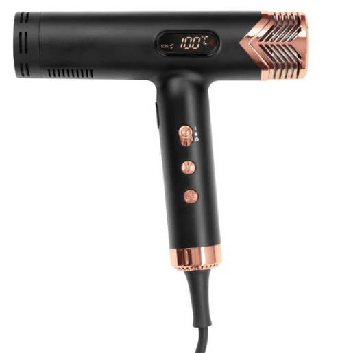 Black and rose gold hair dryer on a white background