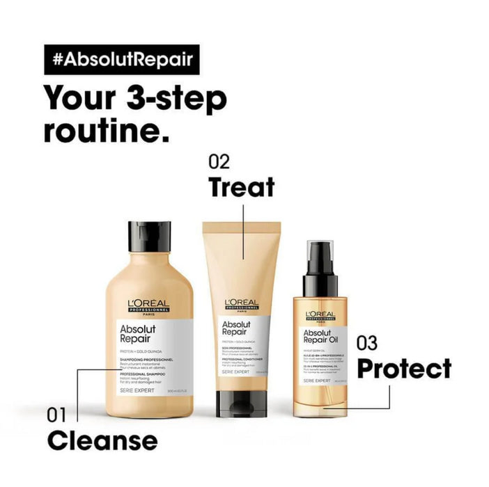 L'Oreal Absolut Repair hair care products with step-by-step routine on a white background